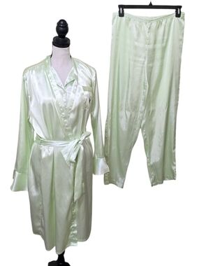 Pink K Vintage Mint Green Silky Pajama Robe 3-Piece Set S/M Sleepwear Feminine